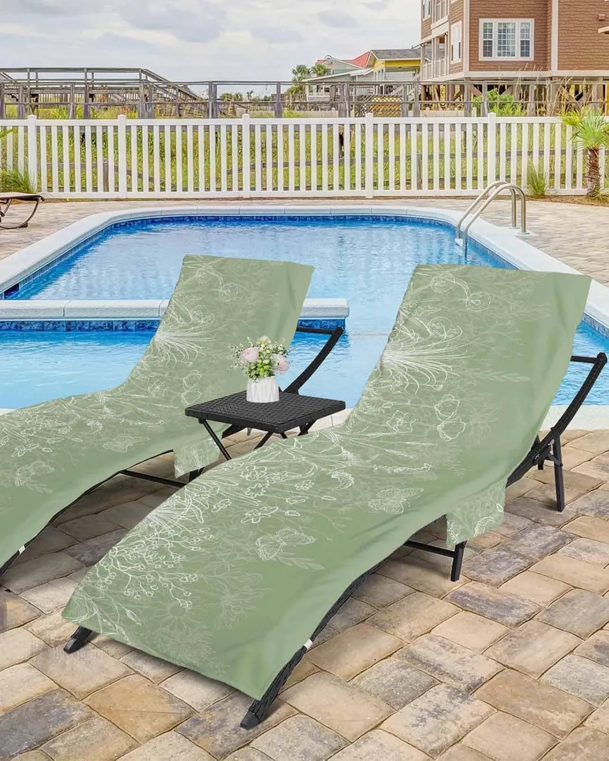 Beach Pool Patio Lounge Chaise Chair Cover Towel With Pockets,Green Flower Absorbent & Quick Dry Microfiber Towel Cover Bag Summer Travel Accessories for Sunbathing Botanical Plant Leaf Herb Aesthetic