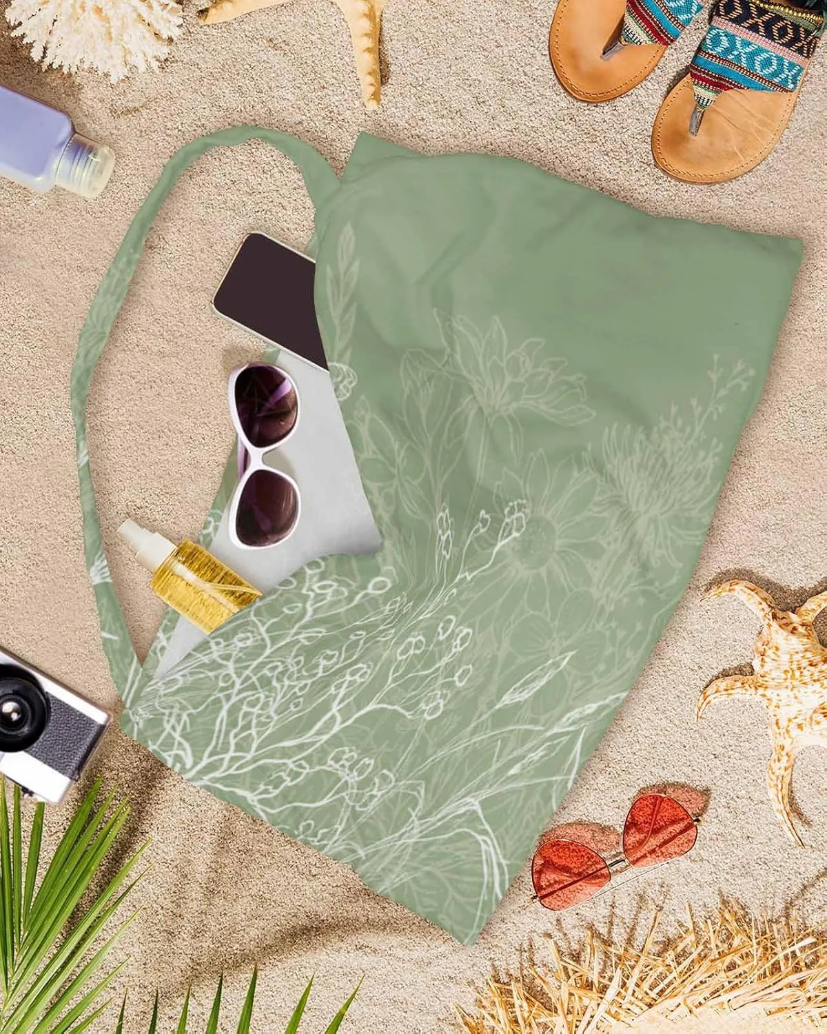 Beach Pool Patio Lounge Chaise Chair Cover Towel With Pockets,Green Flower Absorbent & Quick Dry Microfiber Towel Cover Bag Summer Travel Accessories for Sunbathing Botanical Plant Leaf Herb Aesthetic