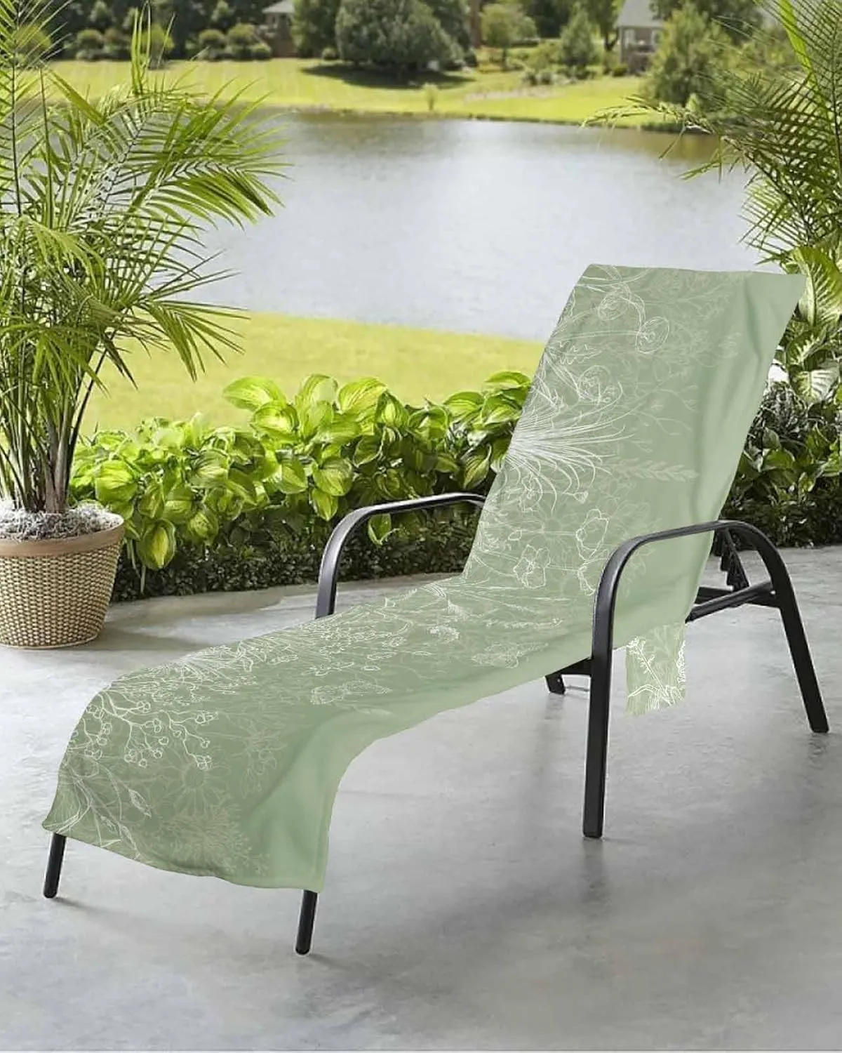 Beach Pool Patio Lounge Chaise Chair Cover Towel With Pockets,Green Flower Absorbent & Quick Dry Microfiber Towel Cover Bag Summer Travel Accessories for Sunbathing Botanical Plant Leaf Herb Aesthetic