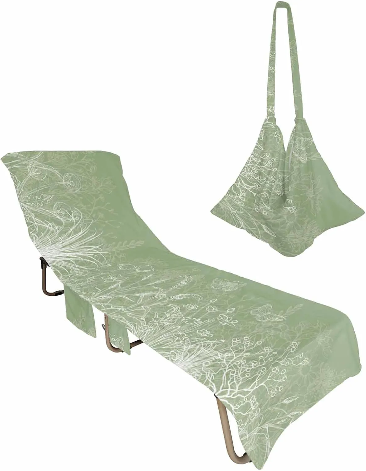 Beach Pool Patio Lounge Chaise Chair Cover Towel With Pockets,Green Flower Absorbent & Quick Dry Microfiber Towel Cover Bag Summer Travel Accessories for Sunbathing Botanical Plant Leaf Herb Aesthetic
