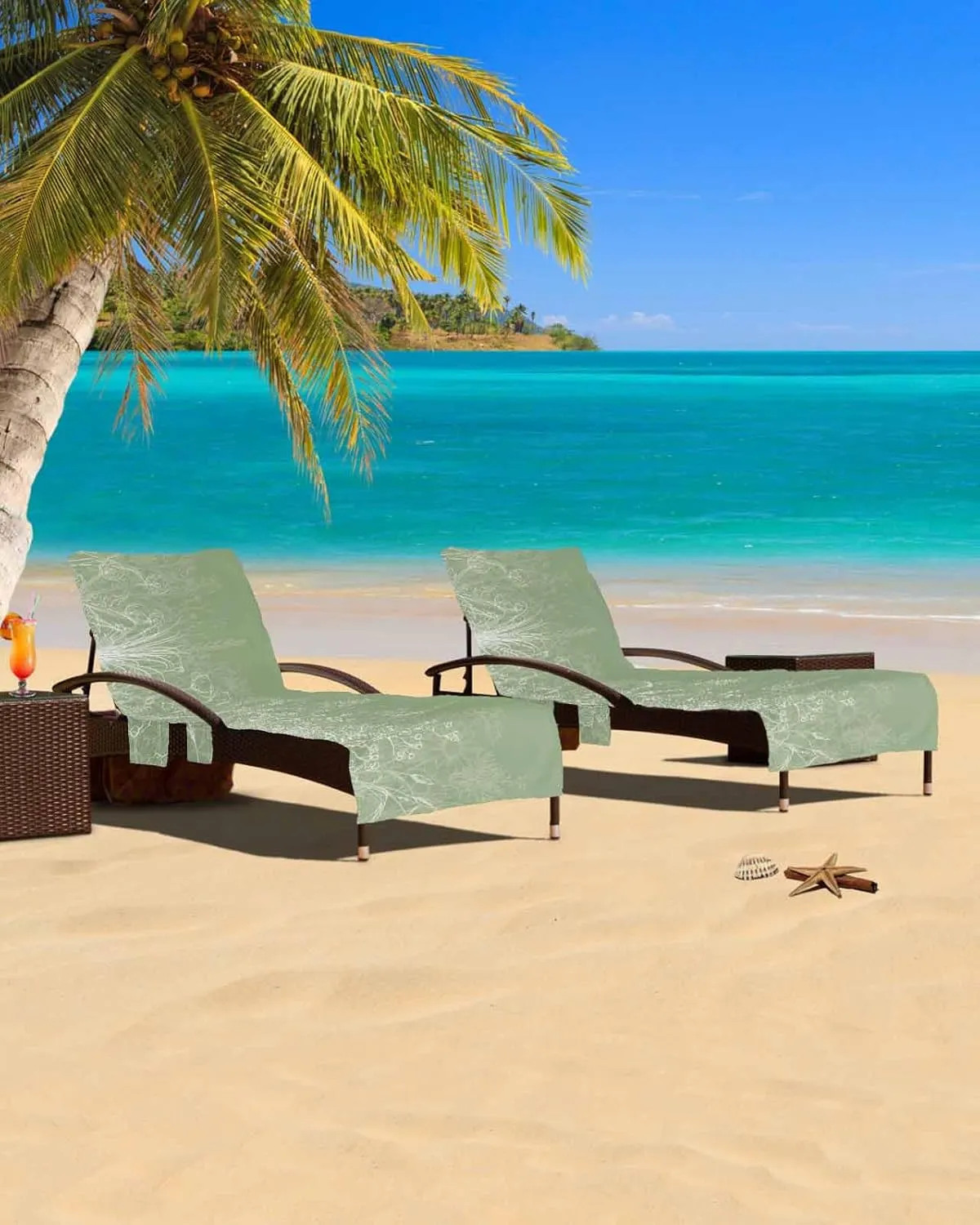 Beach Pool Patio Lounge Chaise Chair Cover Towel With Pockets,Green Flower Absorbent & Quick Dry Microfiber Towel Cover Bag Summer Travel Accessories for Sunbathing Botanical Plant Leaf Herb Aesthetic