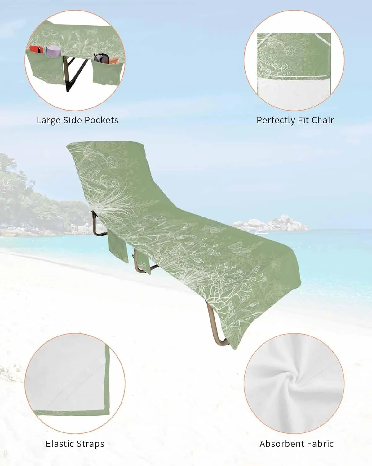 Beach Pool Patio Lounge Chaise Chair Cover Towel With Pockets,Green Flower Absorbent & Quick Dry Microfiber Towel Cover Bag Summer Travel Accessories for Sunbathing Botanical Plant Leaf Herb Aesthetic