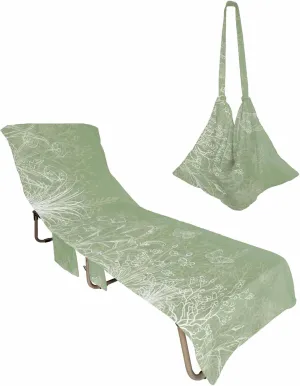 Beach Pool Patio Lounge Chaise Chair Cover Towel With Pockets,Green Flower Absorbent & Quick Dry Microfiber Towel Cover Bag Summer Travel Accessories for Sunbathing Botanical Plant Leaf Herb Aesthetic