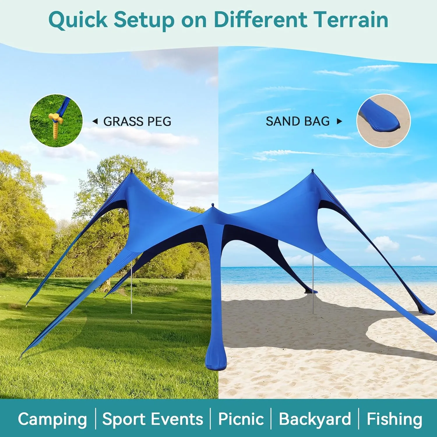 Beach Tent Sun Shelter,UPF 50  Protection Sun Shade Canopy with 6 Sand Bags,4 Support Poles, Portable 13×20FT Outdoor Canopy Tent for Beach Camping,Fishing,Picnic (Dark Blue)