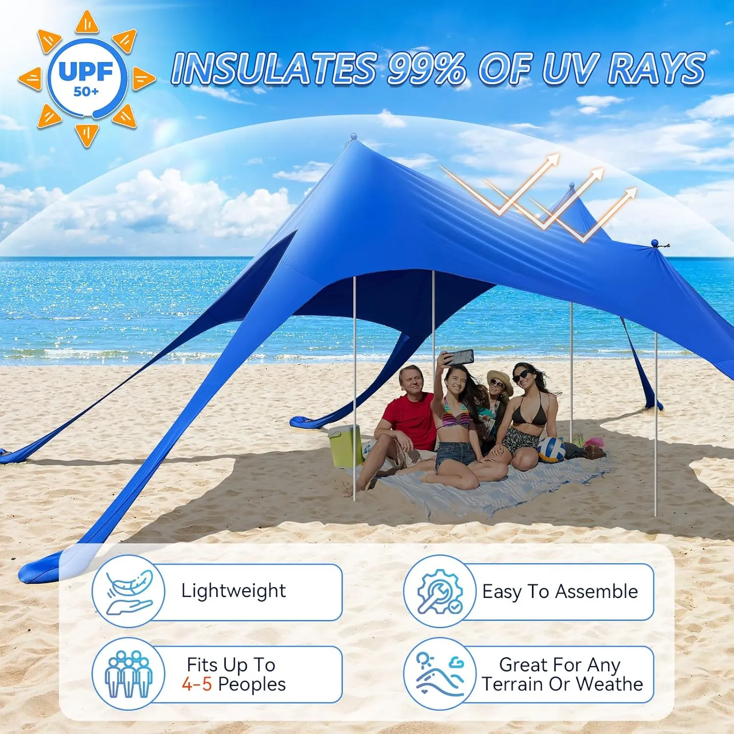 Beach Tent Sun Shelter,UPF 50  Protection Sun Shade Canopy with 6 Sand Bags,4 Support Poles, Portable 13×20FT Outdoor Canopy Tent for Beach Camping,Fishing,Picnic (Dark Blue)