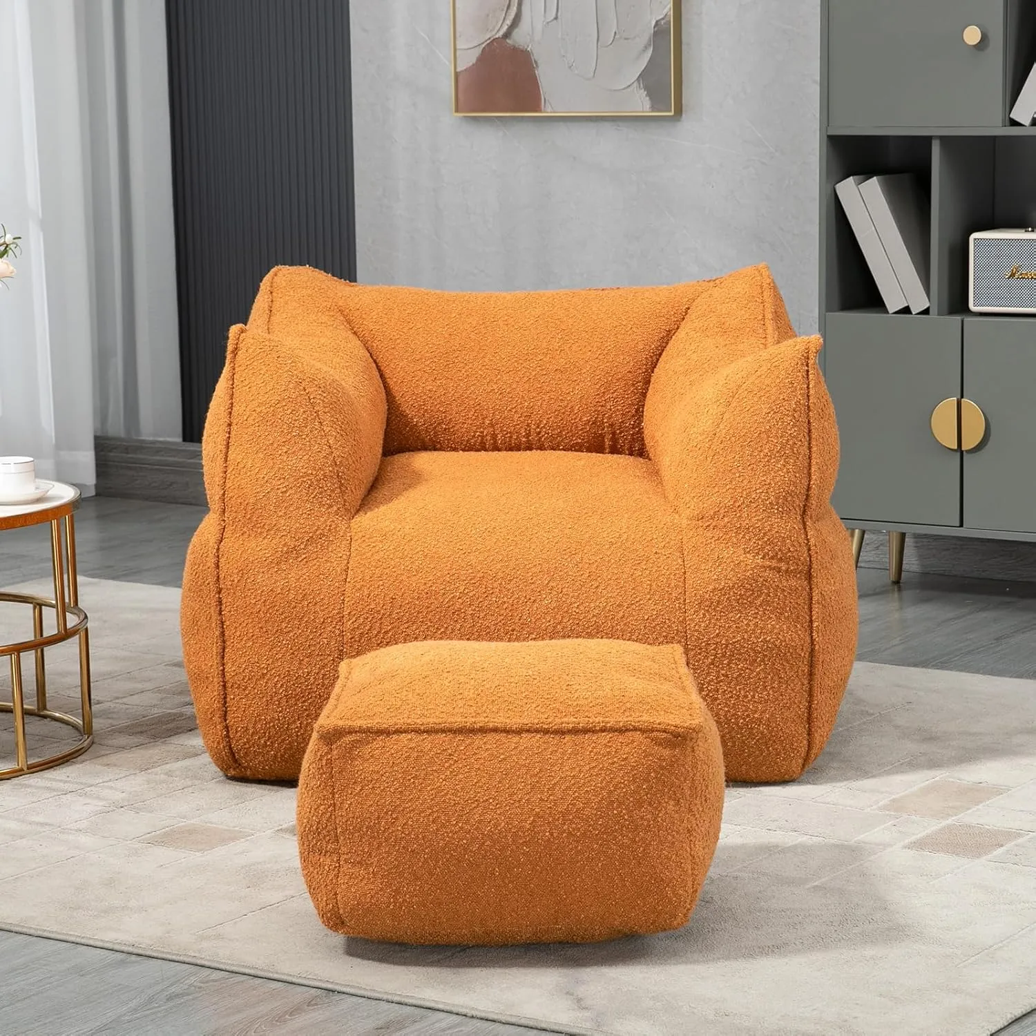 Bean Bag Chair with Ottoman, Comfy Bean Bag Chair for Adults, Teens, Comfy Floor Accent Chair with Memory Foam Filler, Lazy Beanbag Lounger for Living Room, Game Room, Apartment, Orange Boucle