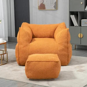 Bean Bag Chair with Ottoman, Comfy Bean Bag Chair for Adults, Teens, Comfy Floor Accent Chair with Memory Foam Filler, Lazy Beanbag Lounger for Living Room, Game Room, Apartment, Orange Boucle