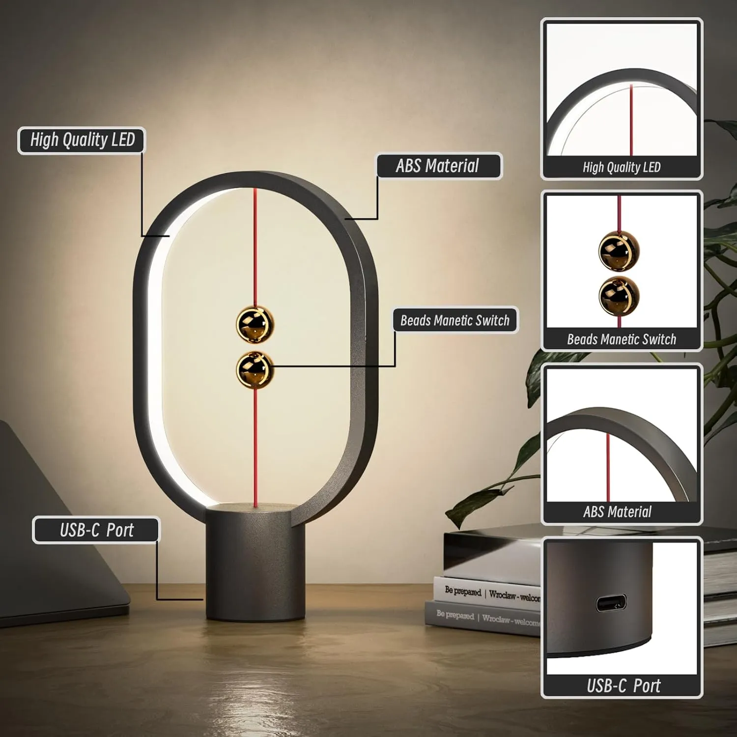 Bedroom Lamps - Mini Balance, Birthday Gifts, Bedside/Nightstand Plug-in Night Light, Magnetic for Home, Office, College Dorm (Black)
