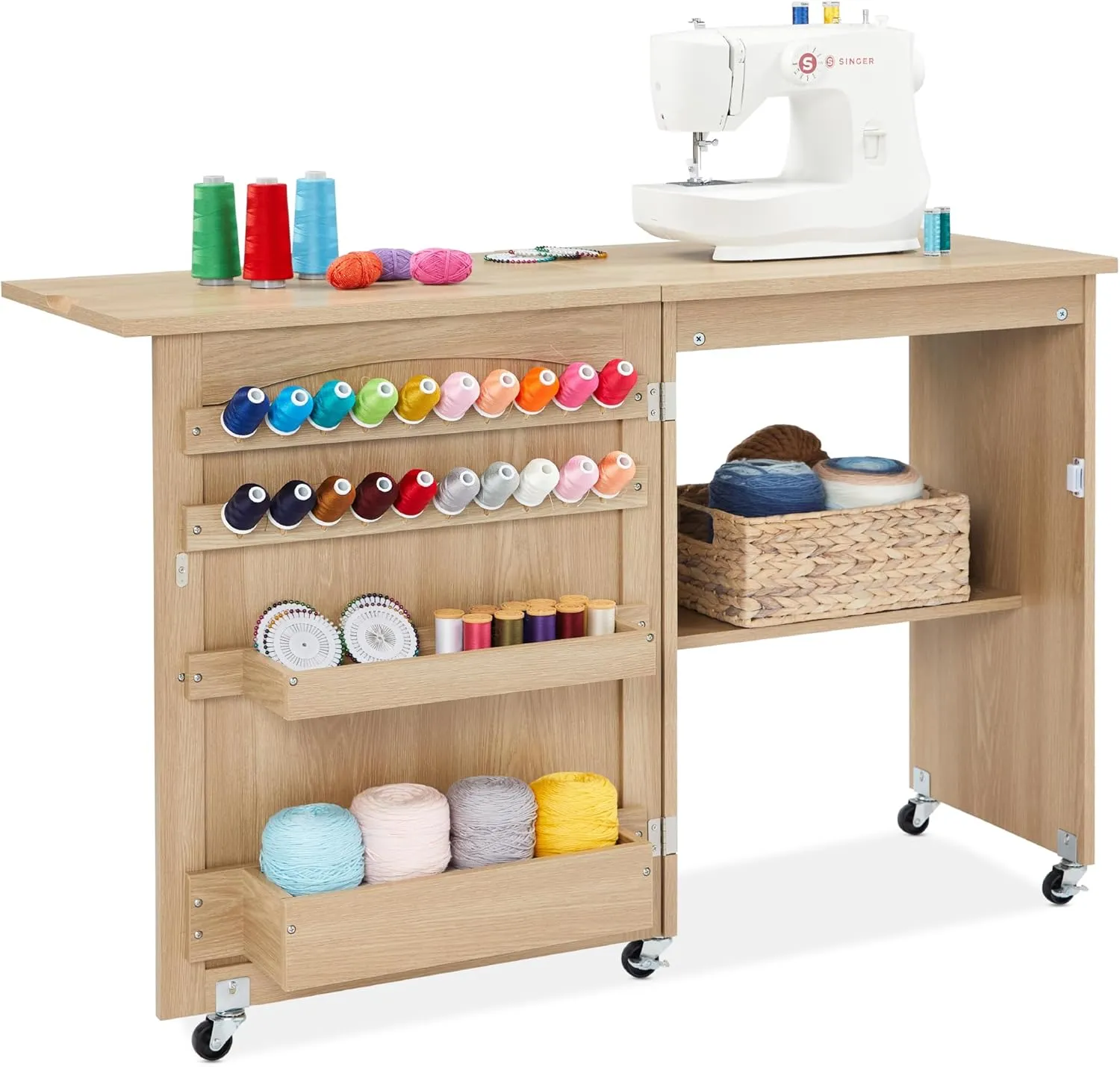 Best Choice Products Folding Sewing Table Multipurpose Craft Station & Side Desk with Compact Design, Wheels, Shelves, Storage Trays, Pegs, Magnetic Doors, Metal Doorknobs - Light Brown