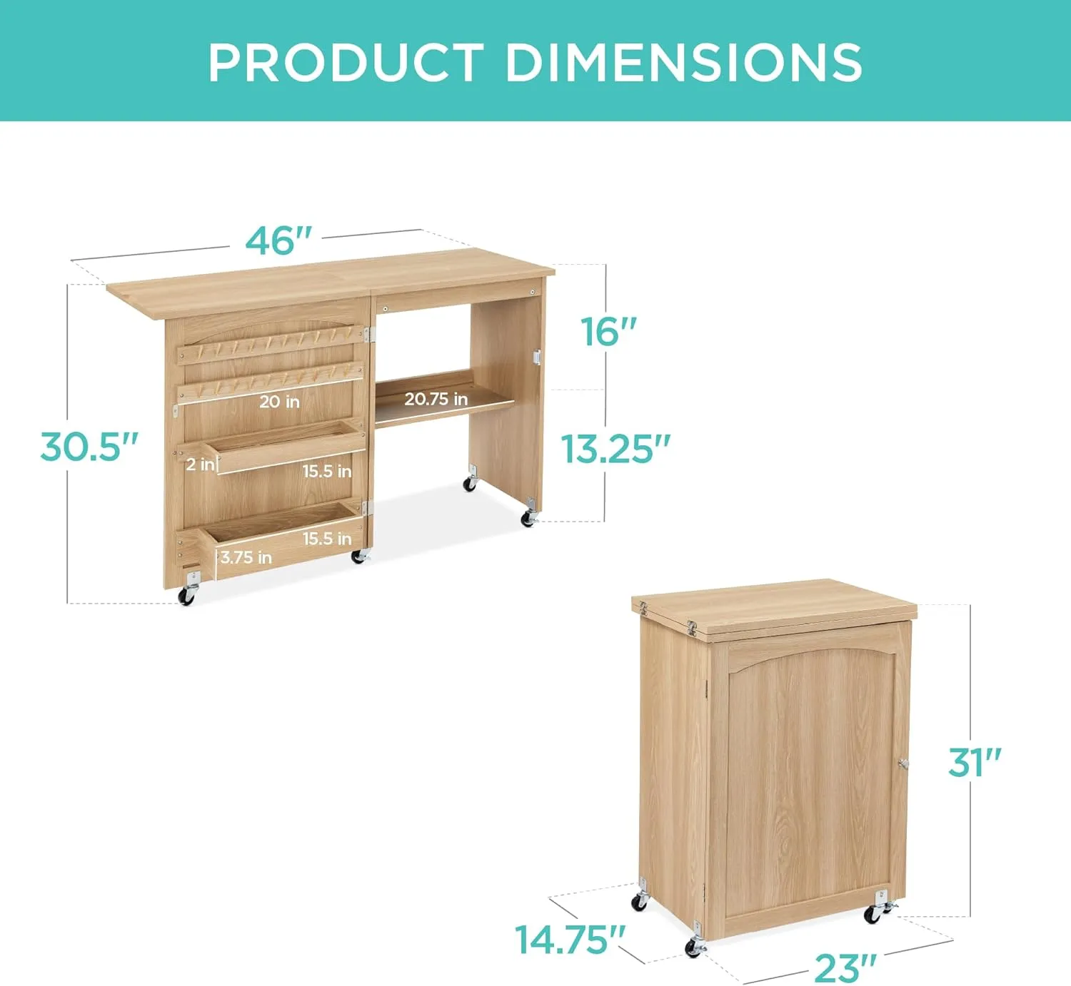 Best Choice Products Folding Sewing Table Multipurpose Craft Station & Side Desk with Compact Design, Wheels, Shelves, Storage Trays, Pegs, Magnetic Doors, Metal Doorknobs - Light Brown