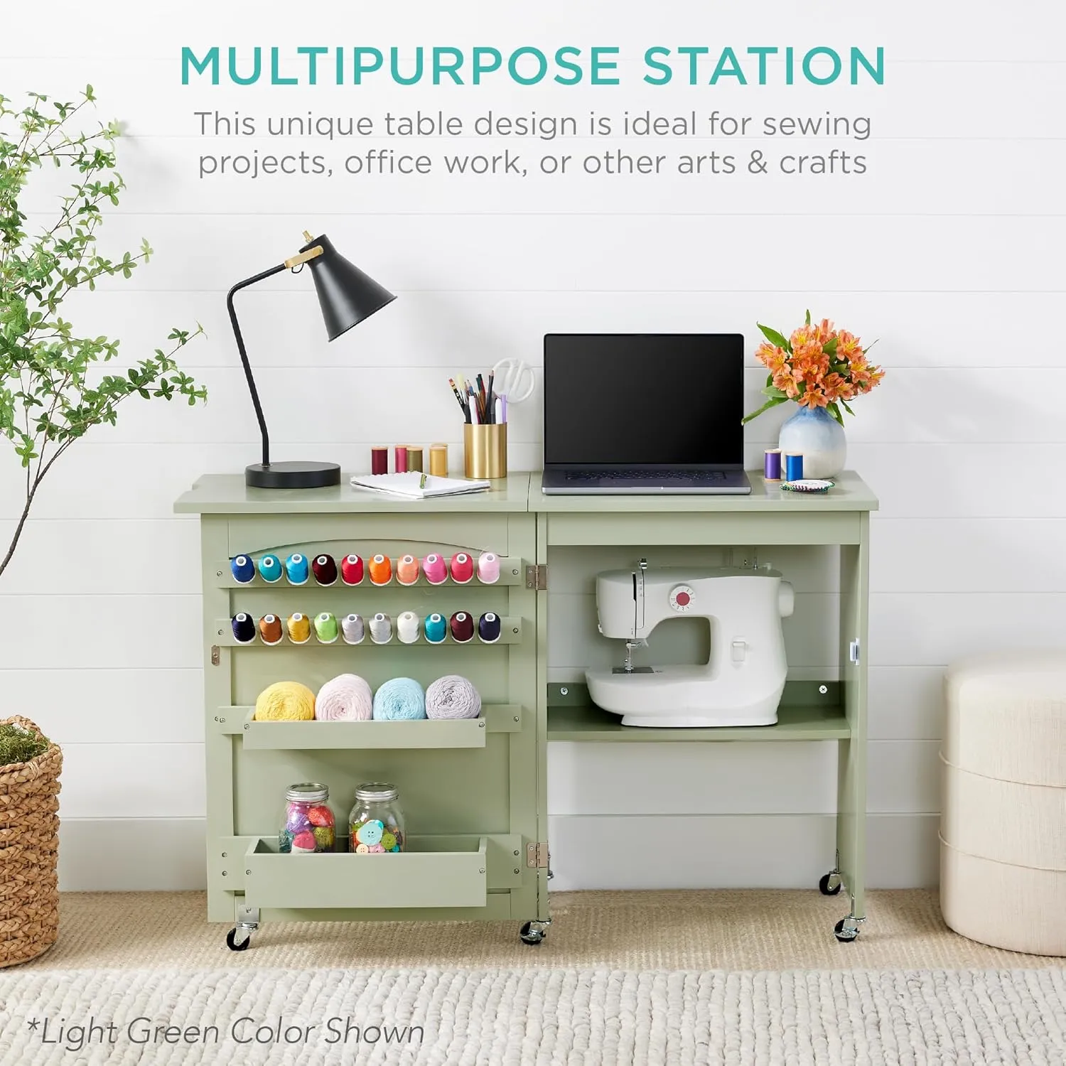Best Choice Products Folding Sewing Table Multipurpose Craft Station & Side Desk with Compact Design, Wheels, Shelves, Storage Trays, Pegs, Magnetic Doors, Metal Doorknobs - Light Brown