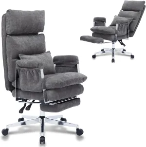 Big and Tall Fabric Computer Chair,Full Stainless Steel Comfy Ergonomic Home Office Chai r with FootRest, Cute Chenille High Back Reclining Chair with Springs Cushion,Lumbar Support(Koala Gray)