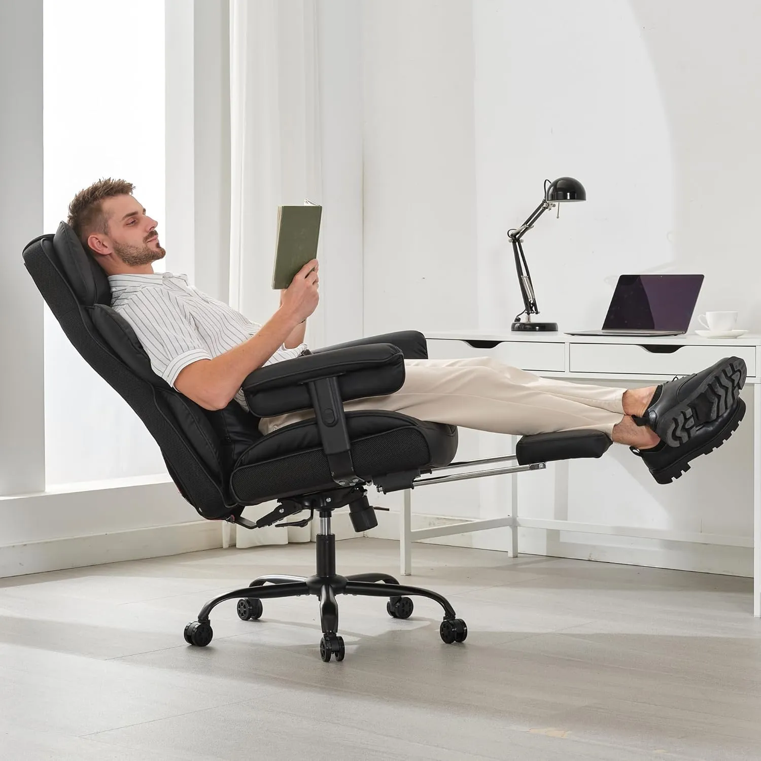 Big and Tall Office Chair 400lbs,PU Leather High Back Gaming Chair with Foot Rest, Reclining Executive Ergonomic Office Chairs Lumbar Support Computer Chair Adjustable Armrests (Black)