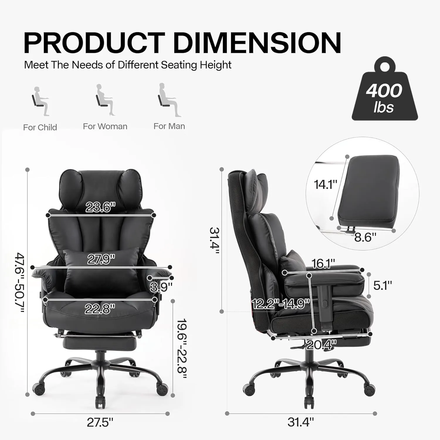 Big and Tall Office Chair 400lbs,PU Leather High Back Gaming Chair with Foot Rest, Reclining Executive Ergonomic Office Chairs Lumbar Support Computer Chair Adjustable Armrests (Black)
