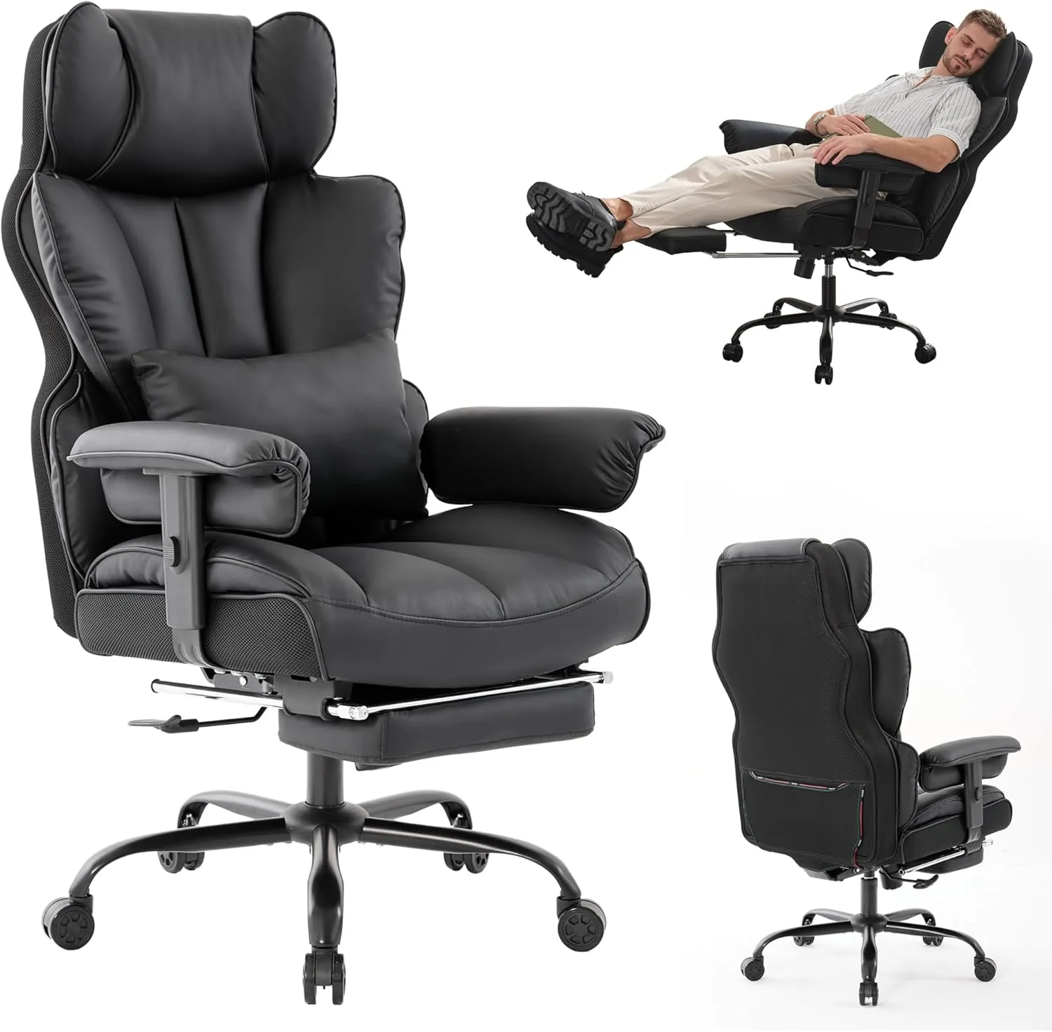 Big and Tall Office Chair 400lbs,PU Leather High Back Gaming Chair with Foot Rest, Reclining Executive Ergonomic Office Chairs Lumbar Support Computer Chair Adjustable Armrests (Black)
