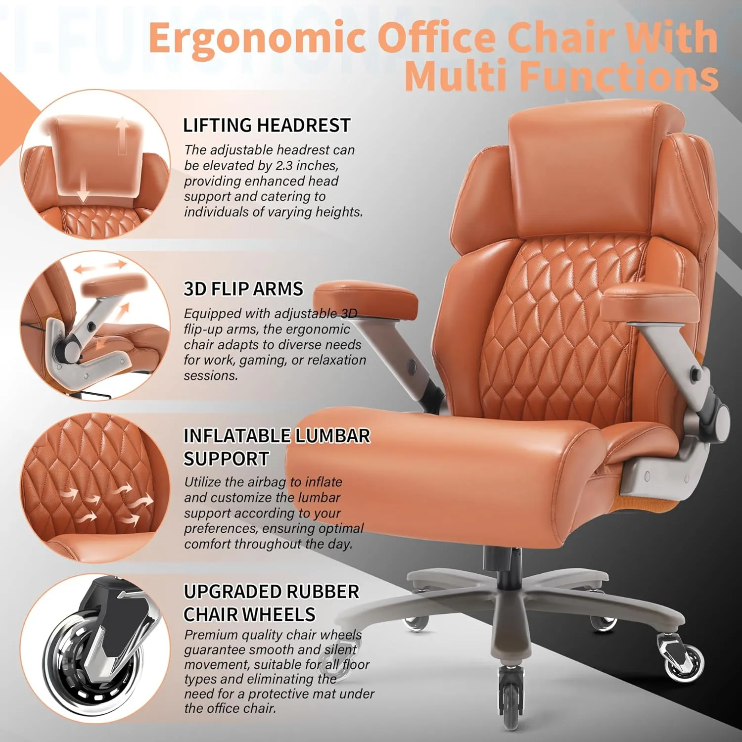 Big and Tall Office Chair 500lbs - Adjustable Headrest&Lumbar Support, 3D Flip Arms, Large Wheels &Heavy Duty Metal Base, Ergonomic High Back Computer Chair Desk Chair, Thick Padded Extra Wide Seat