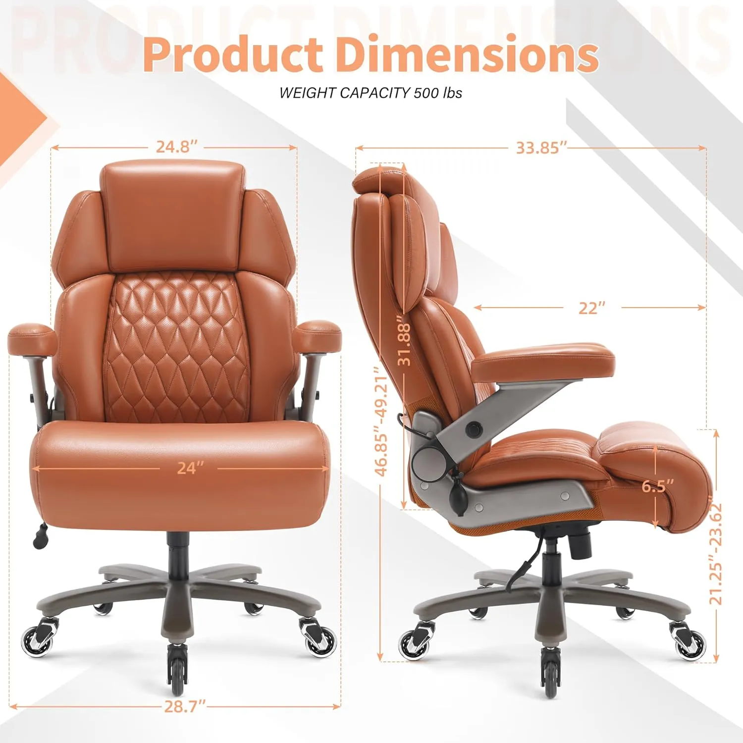 Big and Tall Office Chair 500lbs - Adjustable Headrest&Lumbar Support, 3D Flip Arms, Large Wheels &Heavy Duty Metal Base, Ergonomic High Back Computer Chair Desk Chair, Thick Padded Extra Wide Seat