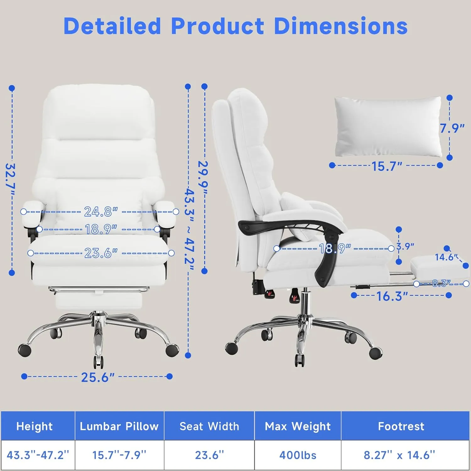 Big and Tall Office Chair - Ergonomic 400LBS PU Leather Computer Chair With Foot Rest and Lumbar Pillow (White)
