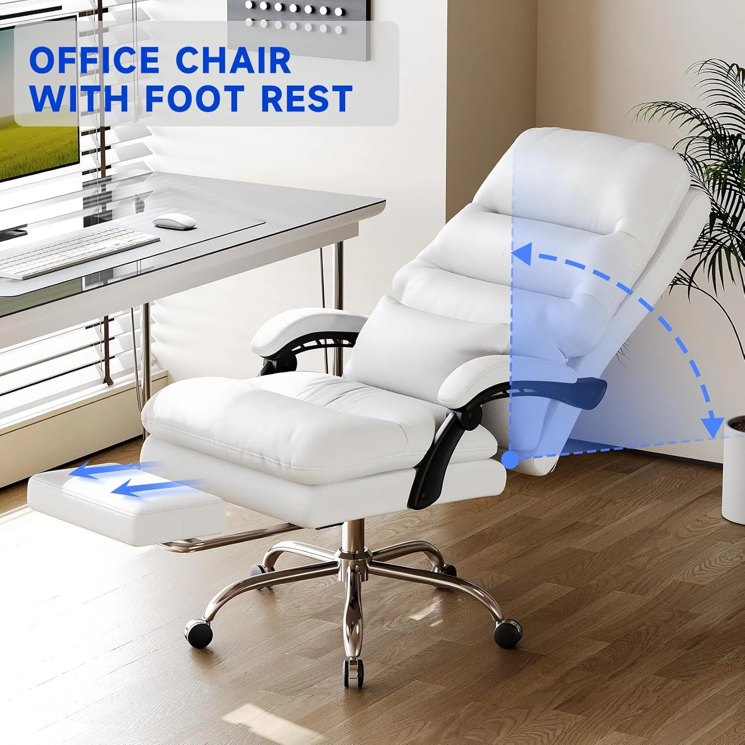 Big and Tall Office Chair - Ergonomic 400LBS PU Leather Computer Chair With Foot Rest and Lumbar Pillow (White)