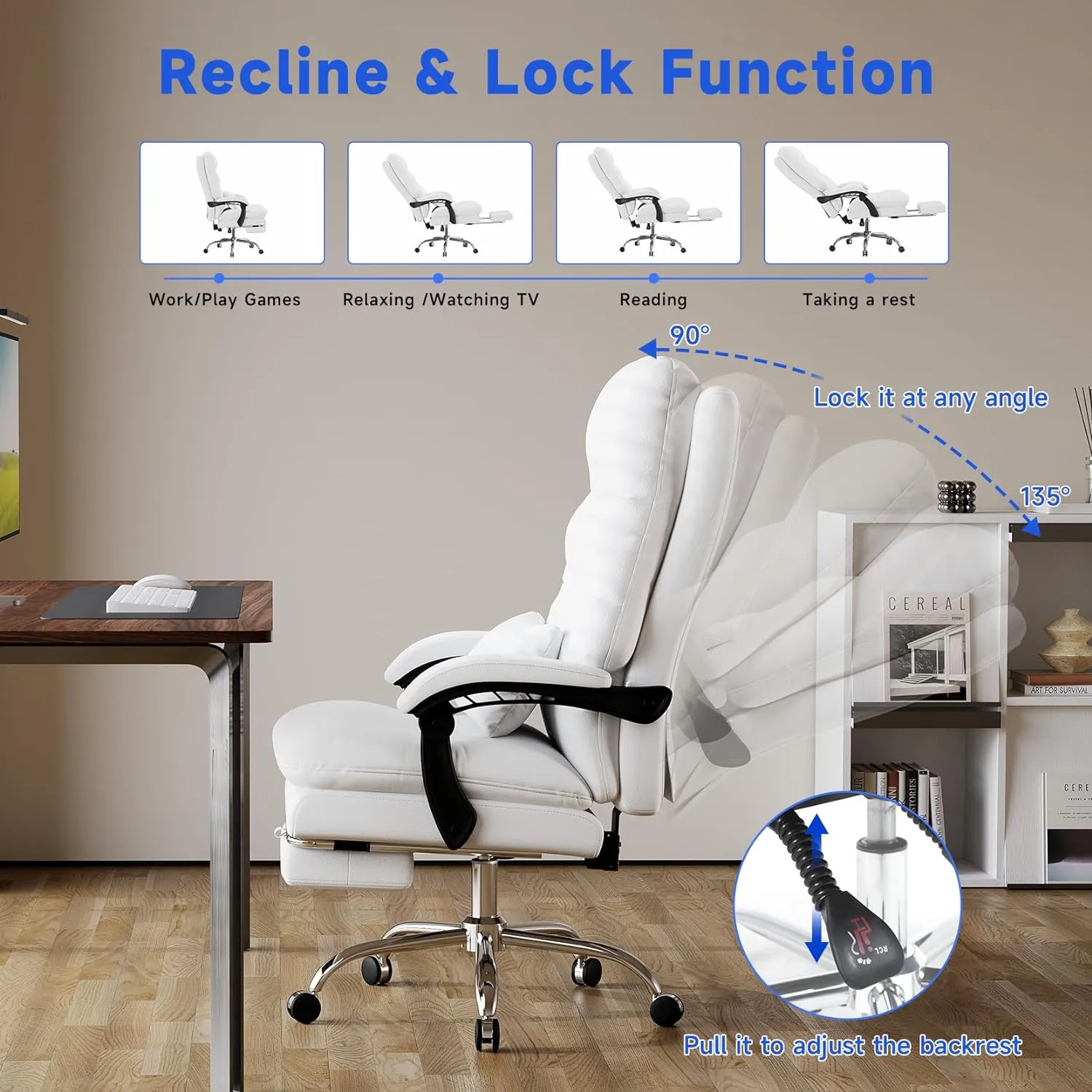 Big and Tall Office Chair - Ergonomic 400LBS PU Leather Computer Chair With Foot Rest and Lumbar Pillow (White)