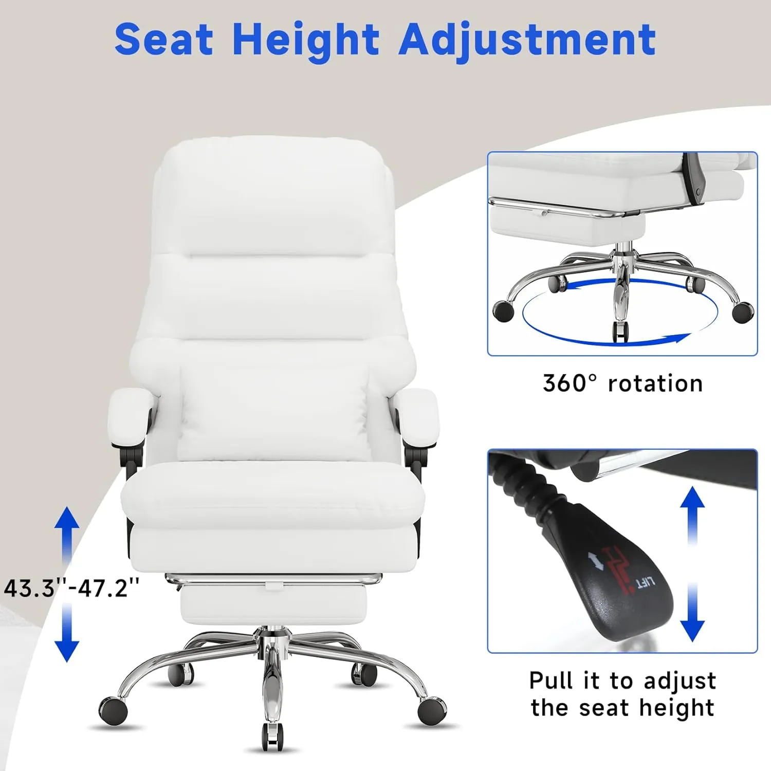 Big and Tall Office Chair - Ergonomic 400LBS PU Leather Computer Chair With Foot Rest and Lumbar Pillow (White)