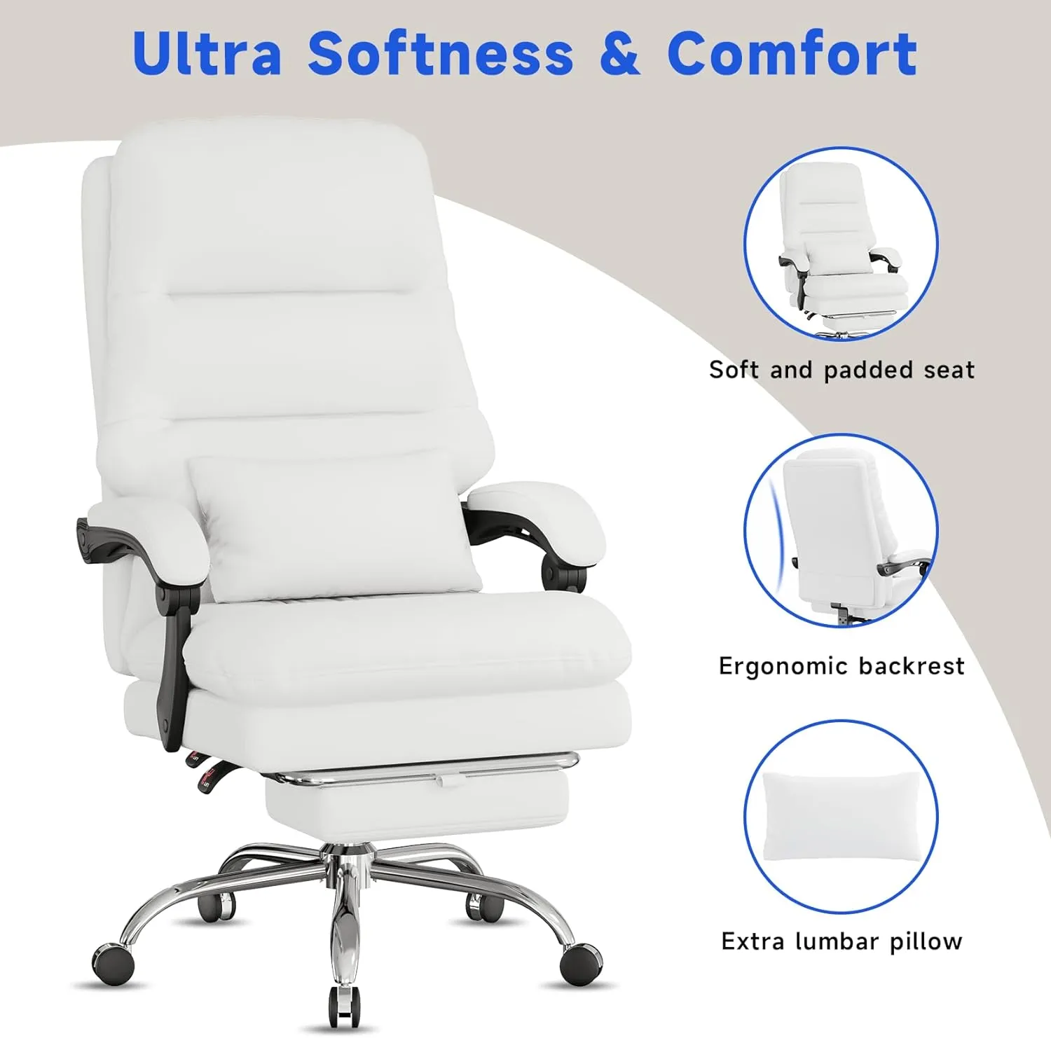 Big and Tall Office Chair - Ergonomic 400LBS PU Leather Computer Chair With Foot Rest and Lumbar Pillow (White)
