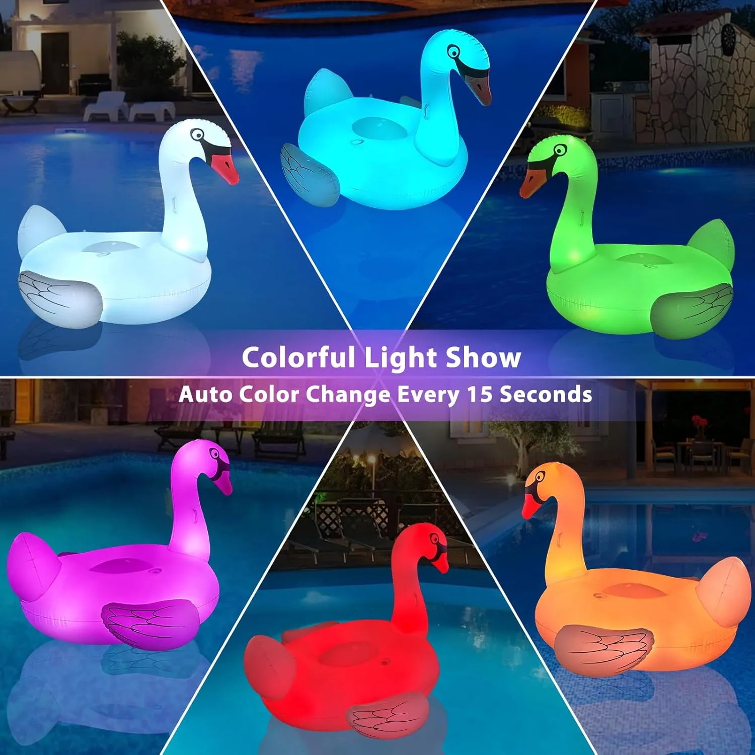 Big Swan Pool Floats Solar Powered Flamingo Pool Floats Adult w/LED Color Changing Lights, 69'' Large Inflatable Pool Floaties w/Cup Holder, Turtle Lake Float Lounger
