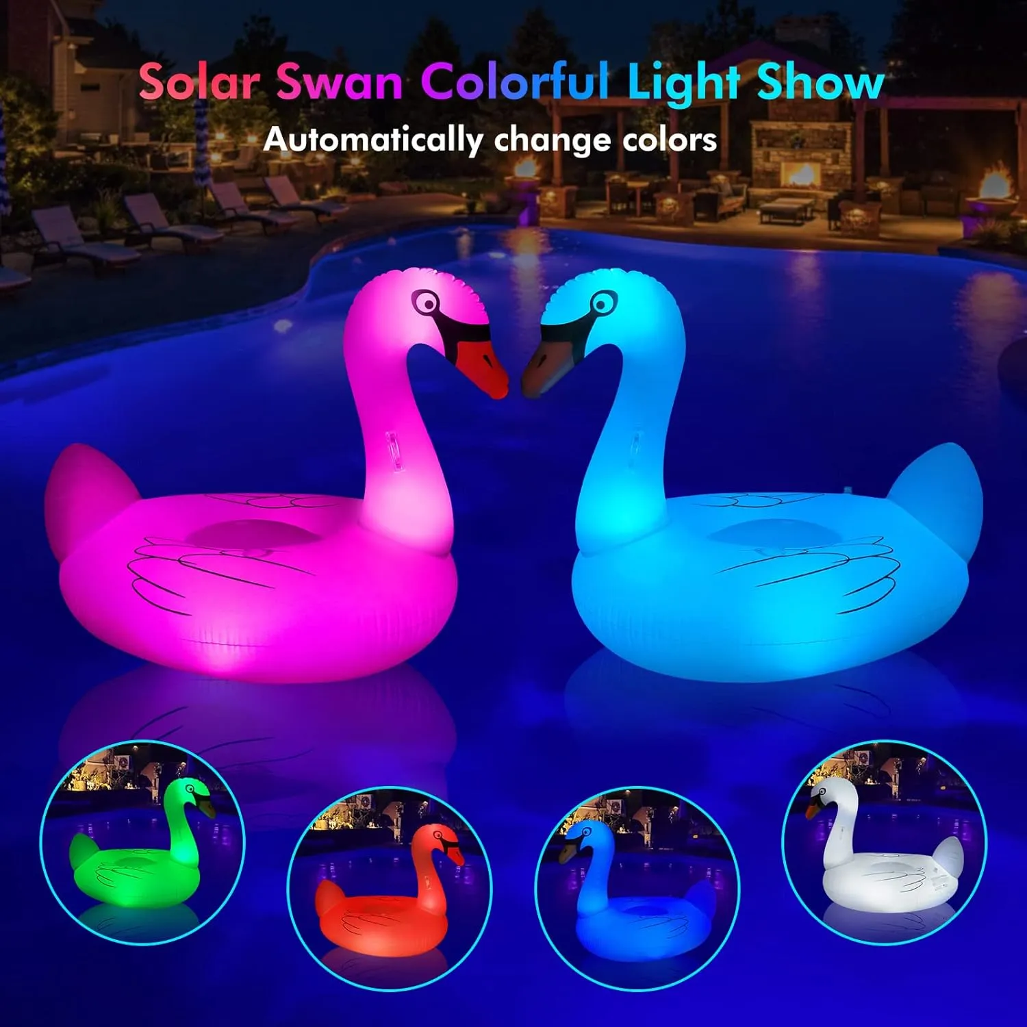 Big Swan Pool Floats Solar Powered Flamingo Pool Floats Adult w/LED Color Changing Lights, 69'' Large Inflatable Pool Floaties w/Cup Holder, Turtle Lake Float Lounger