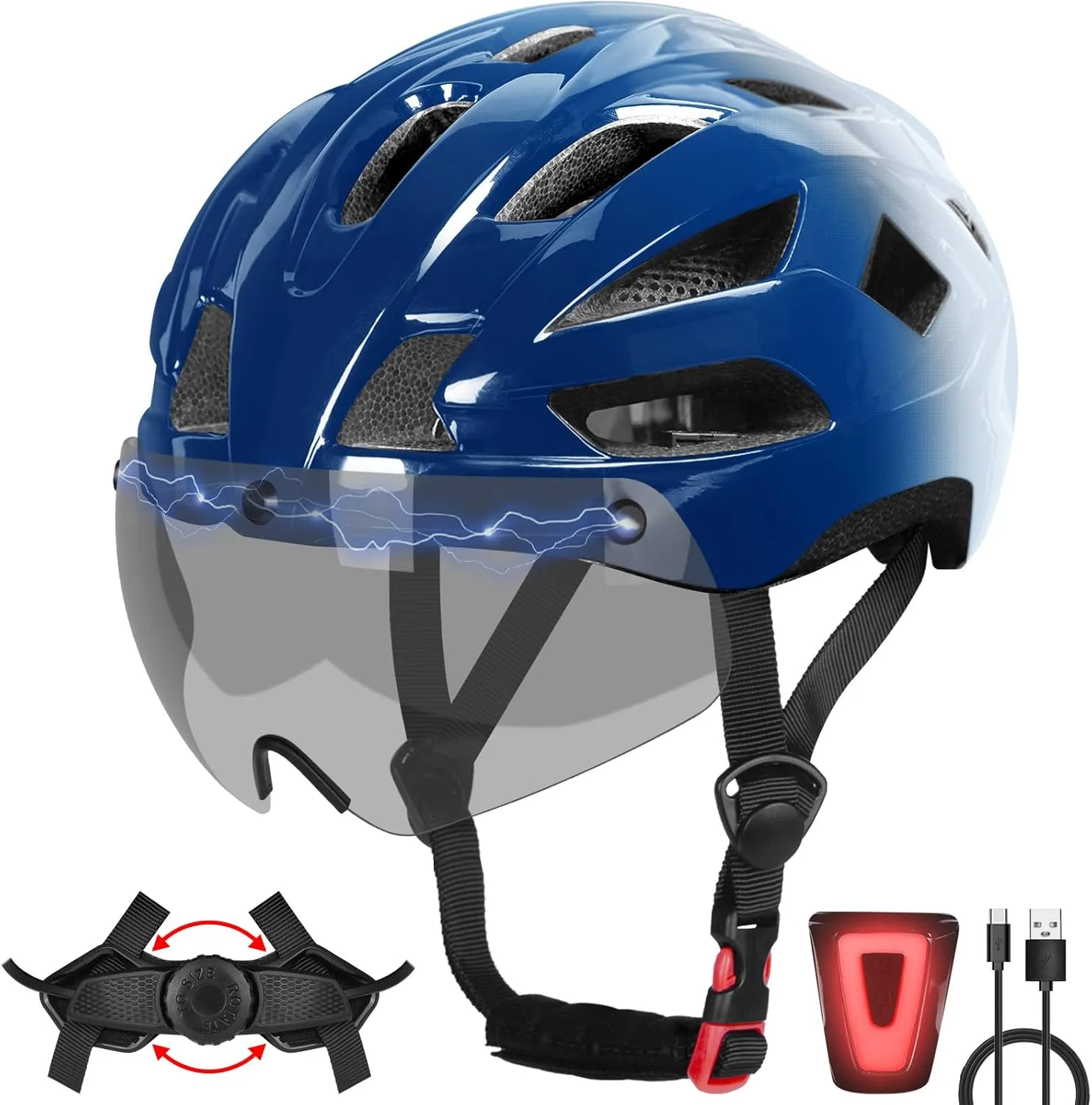 Bike Helmet Adult for Men, Lightweight Ebike Helmet with LED Light & Magnetic Goggles, USB Charging Cable Included, Cycling Helmet for Adult with Adjustable Dial Fit 58-62cm