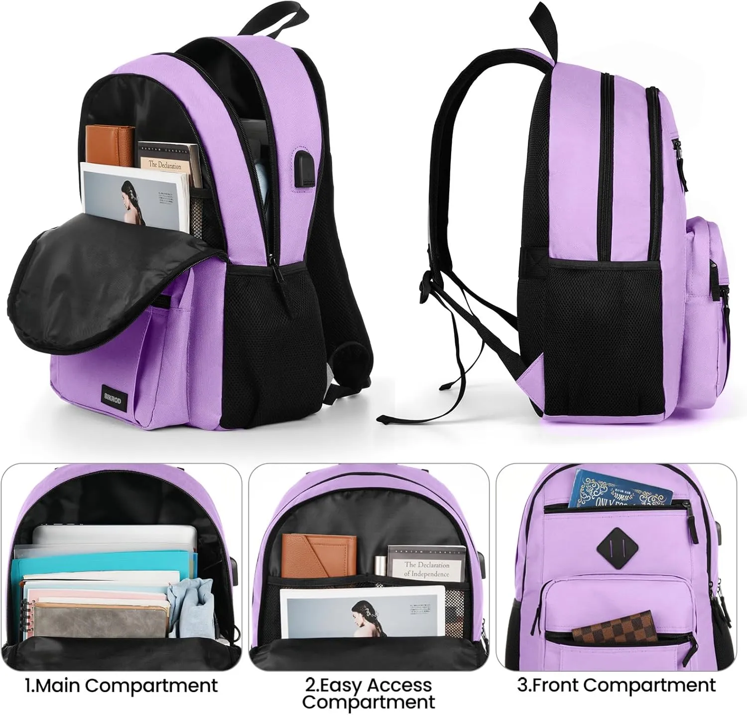 BIKROD Backpack for Girls Women, School Backpack for Teen Boys, Lightweight Casual High School Bookbag, Daily-use Travel Laptop Backpack with USB Charging Port Fits 15.6 Inch Notebook