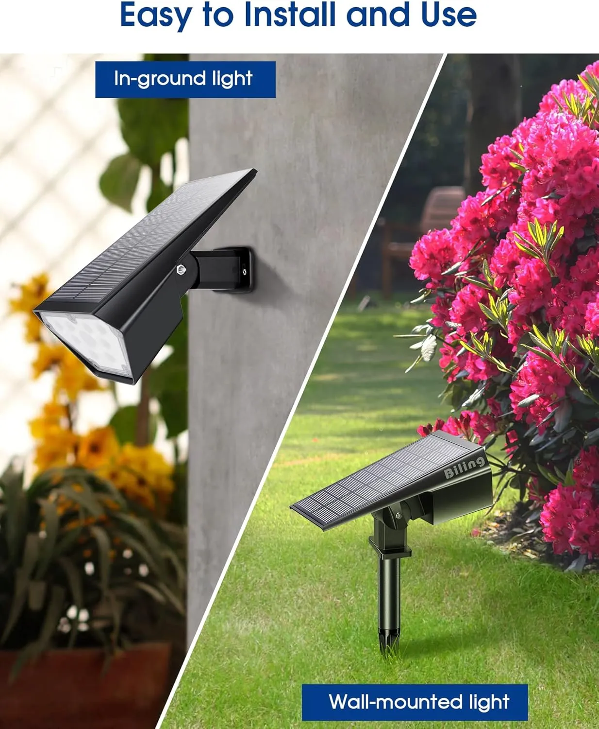 Biling Solar Spot Lights - 2-in-1 Outdoor Landscape Lights, 12 LED Bulbs - Solar Powered, IP67 Waterproof & Adjustable for Patio, Pathway, Yard, Garden, Driveway & Pool