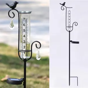 Bird Rain Gauge Outdoor with Solar Led Lights with Two Water Droplet Shaped Crystal Pendants. Bird Rain Gauge Decorative for Yard Garden Patio Lawn. Decorative Garden Yard Decor