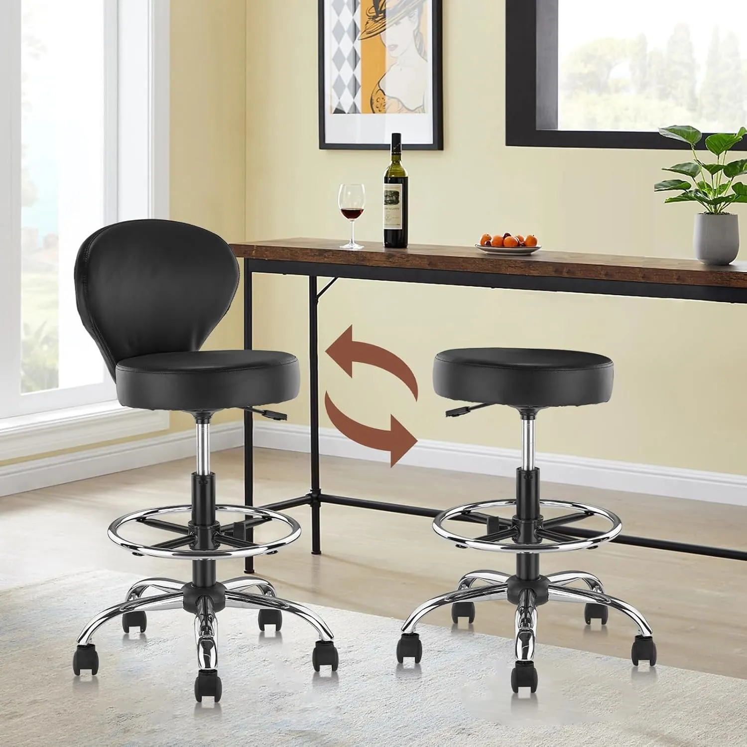 Black PVC Faux Leather Drafting Chair Rolling Swivel Salon Stool Seat Adjustable Height 36 Inch with Back Support Foot Rest Hydraulic Wide Seat for Tattoo Beauty Barber Lash 1Pack