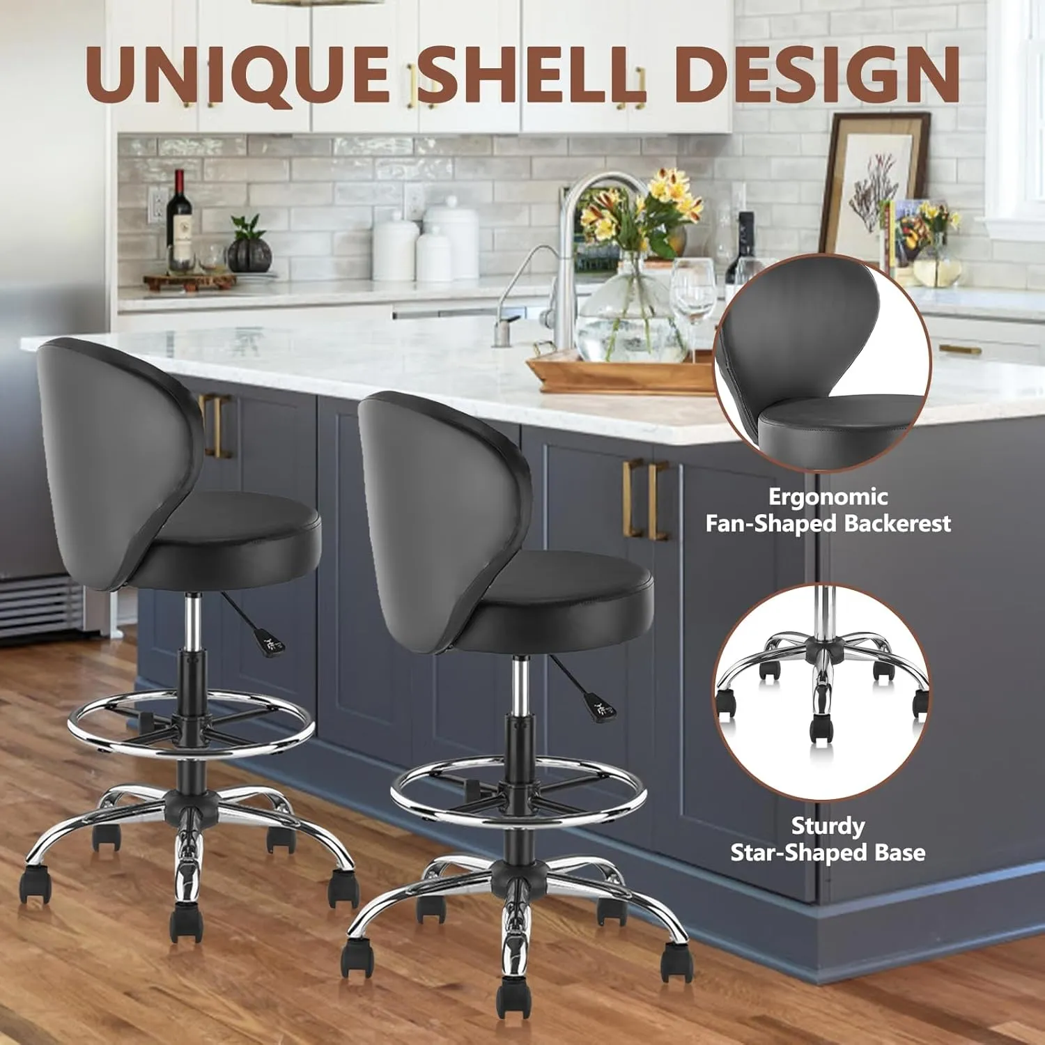 Black PVC Faux Leather Drafting Chair Rolling Swivel Salon Stool Seat Adjustable Height 36 Inch with Back Support Foot Rest Hydraulic Wide Seat for Tattoo Beauty Barber Lash 1Pack