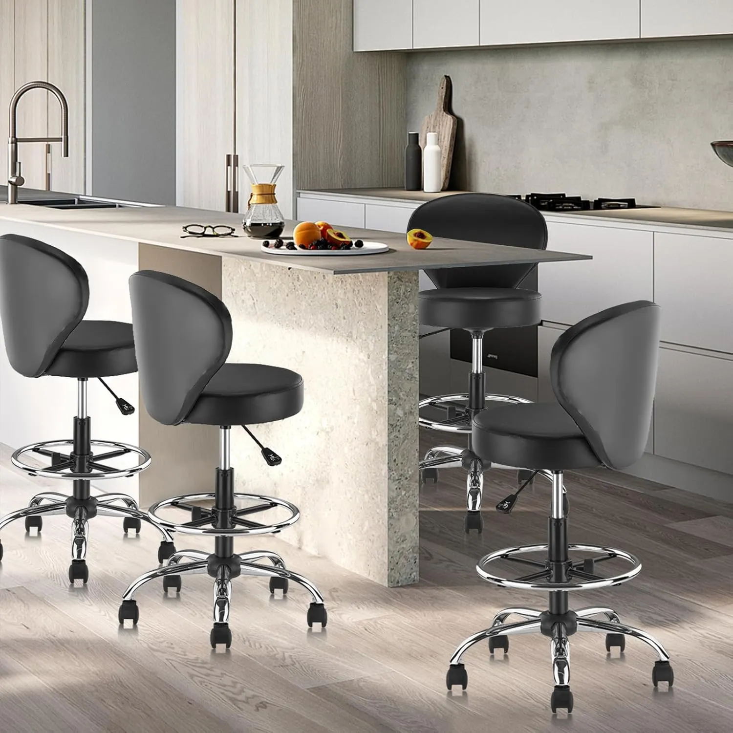 Black PVC Faux Leather Drafting Chair Rolling Swivel Salon Stool Seat Adjustable Height 36 Inch with Back Support Foot Rest Hydraulic Wide Seat for Tattoo Beauty Barber Lash 1Pack