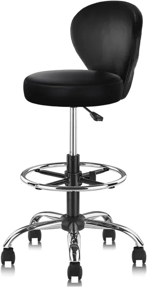 Black PVC Faux Leather Drafting Chair Rolling Swivel Salon Stool Seat Adjustable Height 36 Inch with Back Support Foot Rest Hydraulic Wide Seat for Tattoo Beauty Barber Lash 1Pack