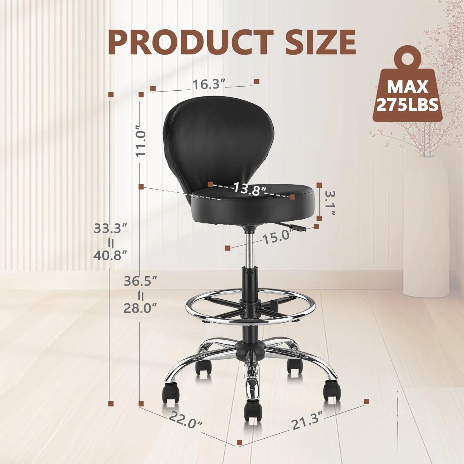 Black PVC Faux Leather Drafting Chair Rolling Swivel Salon Stool Seat Adjustable Height 36 Inch with Back Support Foot Rest Hydraulic Wide Seat for Tattoo Beauty Barber Lash 1Pack