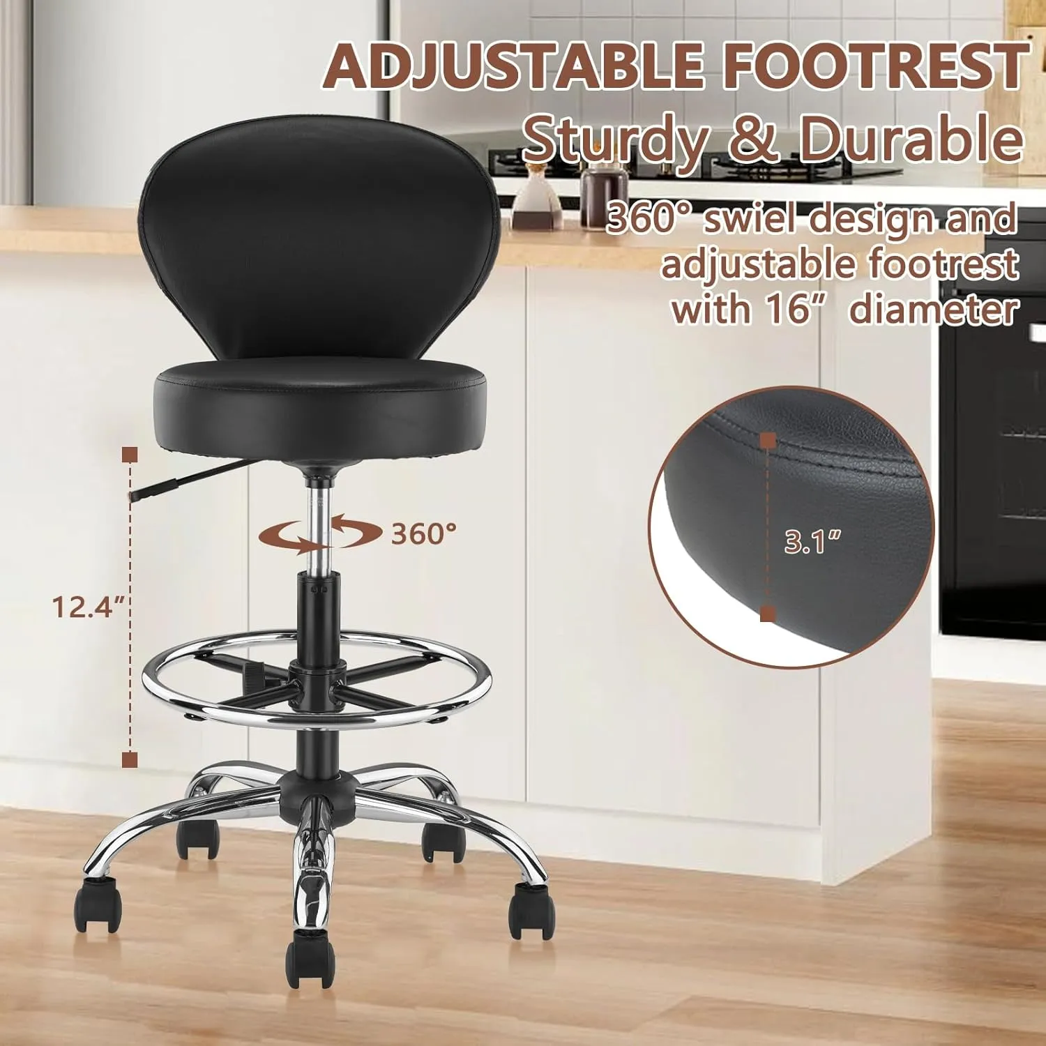 Black PVC Faux Leather Drafting Chair Rolling Swivel Salon Stool Seat Adjustable Height 36 Inch with Back Support Foot Rest Hydraulic Wide Seat for Tattoo Beauty Barber Lash 1Pack
