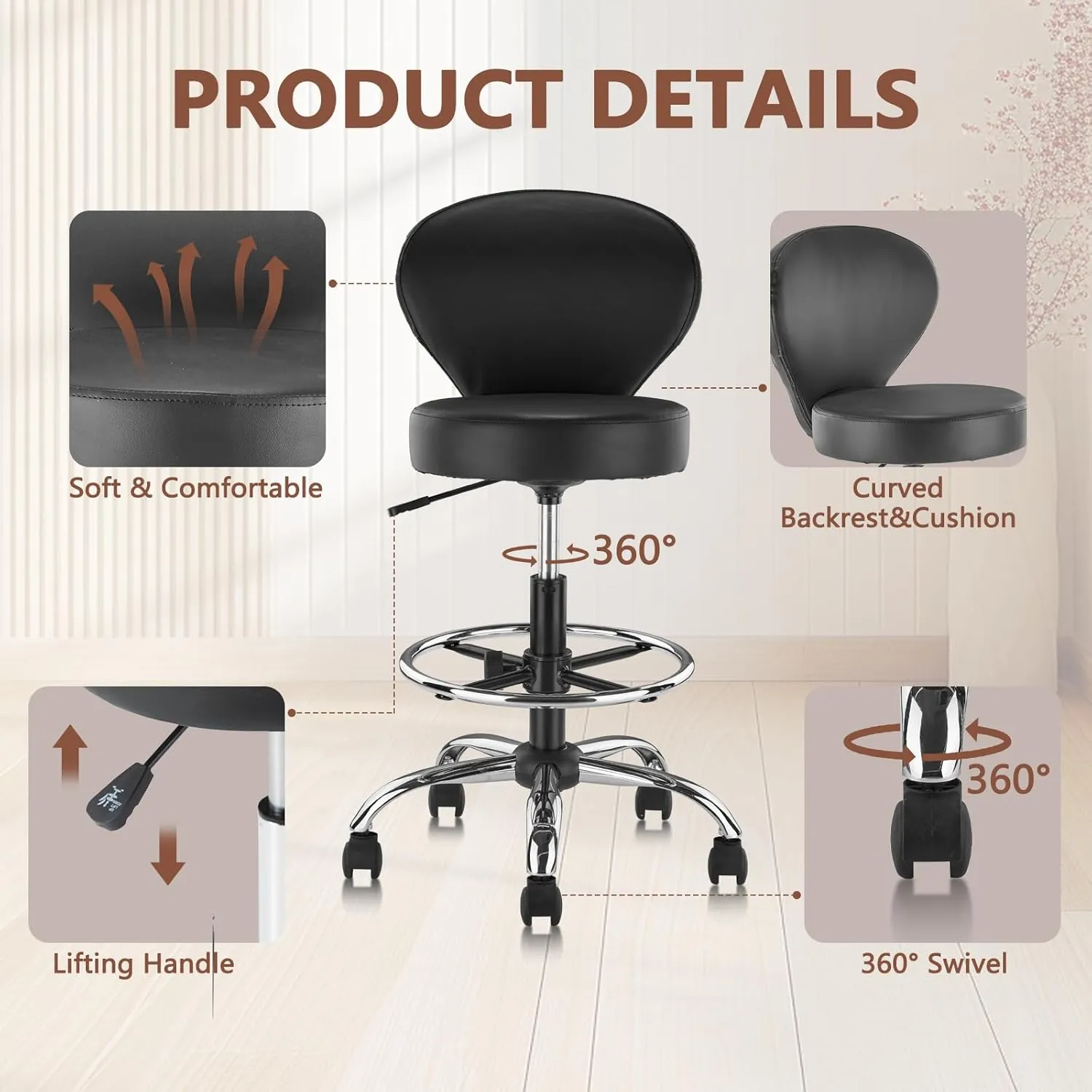 Black PVC Faux Leather Drafting Chair Rolling Swivel Salon Stool Seat Adjustable Height 36 Inch with Back Support Foot Rest Hydraulic Wide Seat for Tattoo Beauty Barber Lash 1Pack