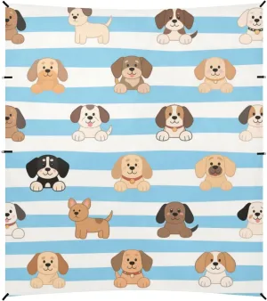 Blue White Striped Dog Foldable Beach Canopy UPF50  Waterproof Portable Sun Shelter with Sturdy Poles, Sandbags and Shovel for Family Travel