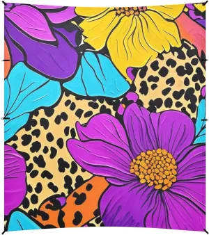 Boho Colorful Neon Tropical Flowers Foldable Beach Tent UPF50  Waterproof Sun Shade with Sandbags & Sand Shovel for Camping, Fishing, Backyard Fun