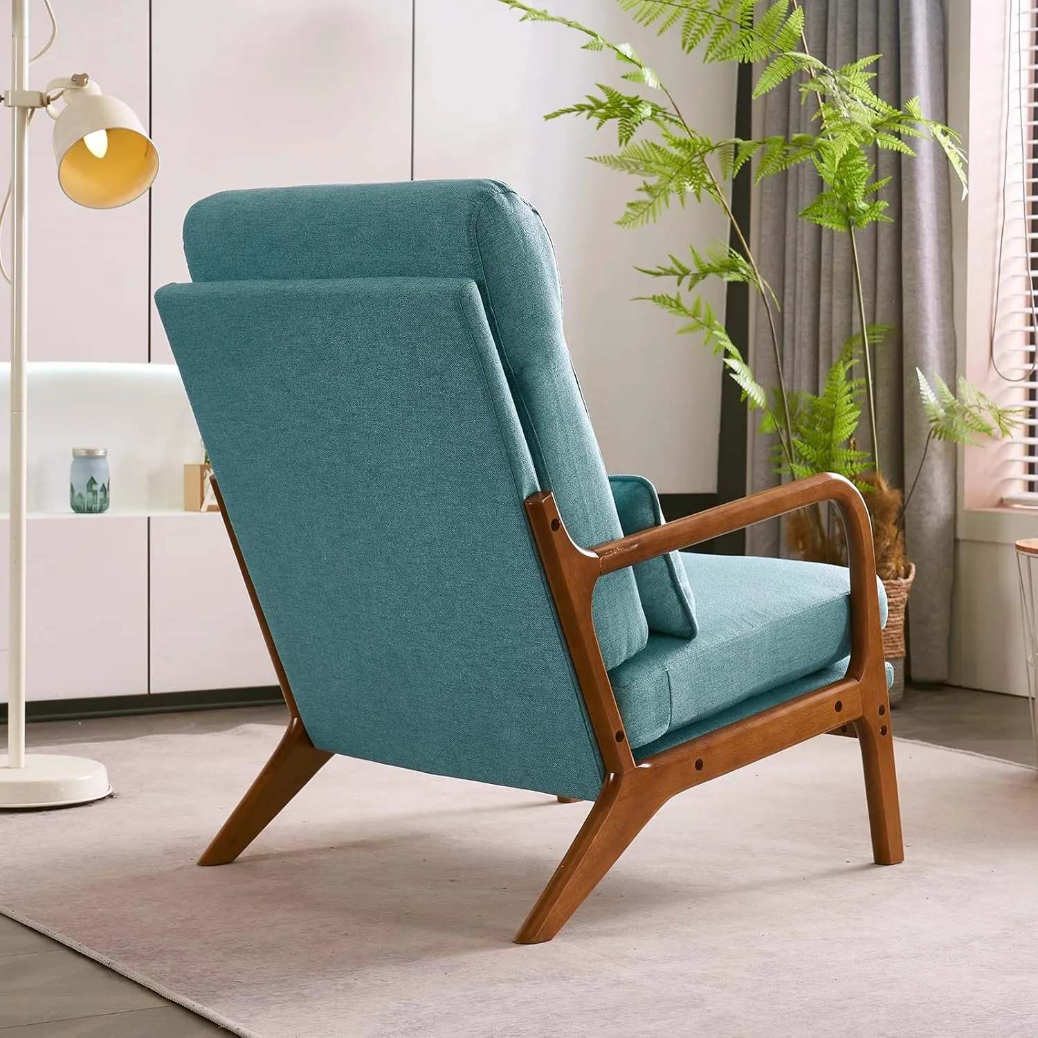 Bonnlo High Back LinenTeal Mid Century Modern Accent Chair, Soild Wood Padding Lounge Armchairs Side Sitting Chairs for Living Room, Bedroom, Guest Room