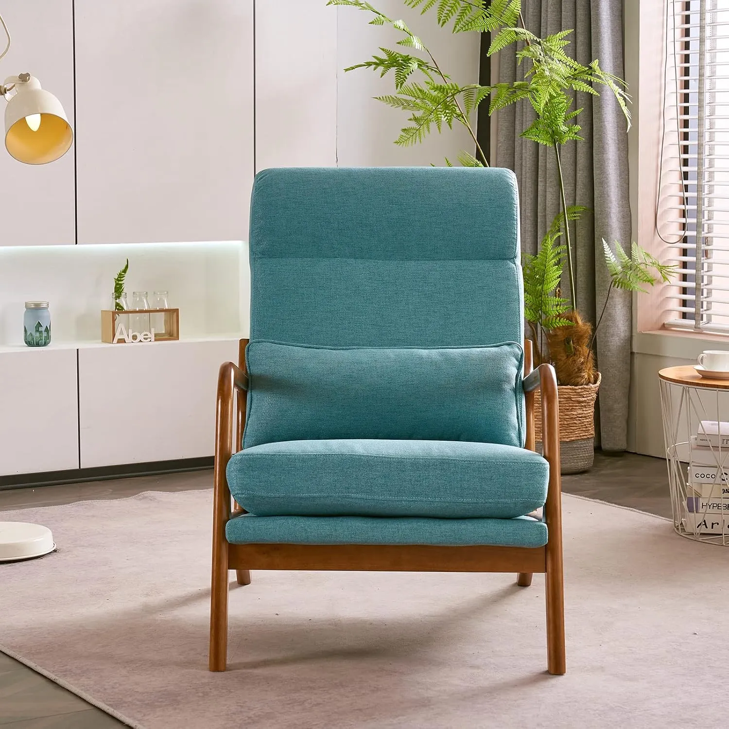 Bonnlo High Back LinenTeal Mid Century Modern Accent Chair, Soild Wood Padding Lounge Armchairs Side Sitting Chairs for Living Room, Bedroom, Guest Room
