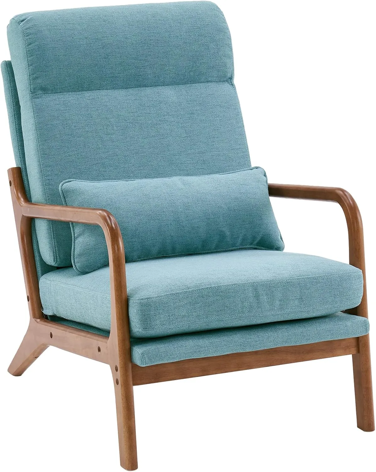 Bonnlo High Back LinenTeal Mid Century Modern Accent Chair, Soild Wood Padding Lounge Armchairs Side Sitting Chairs for Living Room, Bedroom, Guest Room