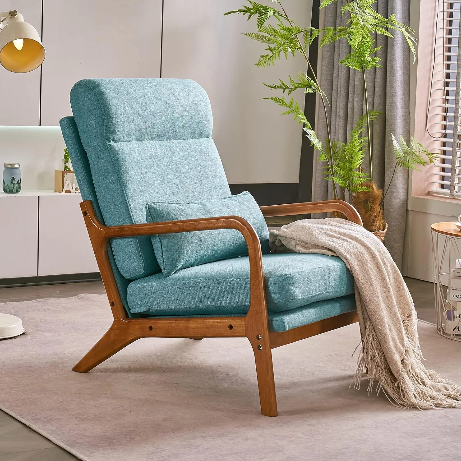 Bonnlo High Back LinenTeal Mid Century Modern Accent Chair, Soild Wood Padding Lounge Armchairs Side Sitting Chairs for Living Room, Bedroom, Guest Room