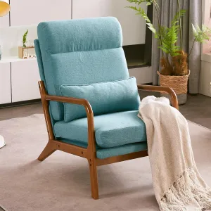 Bonnlo High Back LinenTeal Mid Century Modern Accent Chair, Soild Wood Padding Lounge Armchairs Side Sitting Chairs for Living Room, Bedroom, Guest Room
