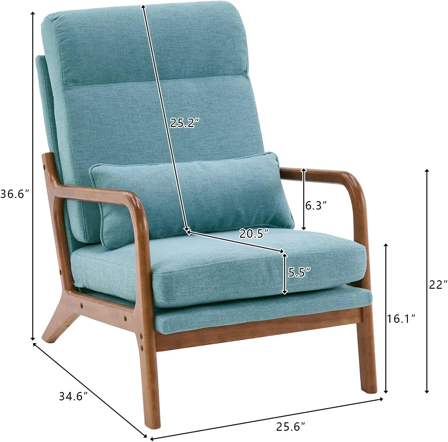 Bonnlo High Back LinenTeal Mid Century Modern Accent Chair, Soild Wood Padding Lounge Armchairs Side Sitting Chairs for Living Room, Bedroom, Guest Room