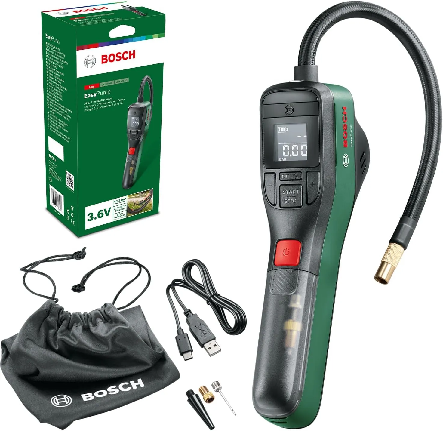 Bosch Home and Garden Electric Air Pump Mini Compressor EasyPump (3.0 Ah battery, 3.6 Volt, 150 PSI, 10.3 bar, LED, in carton packaging)