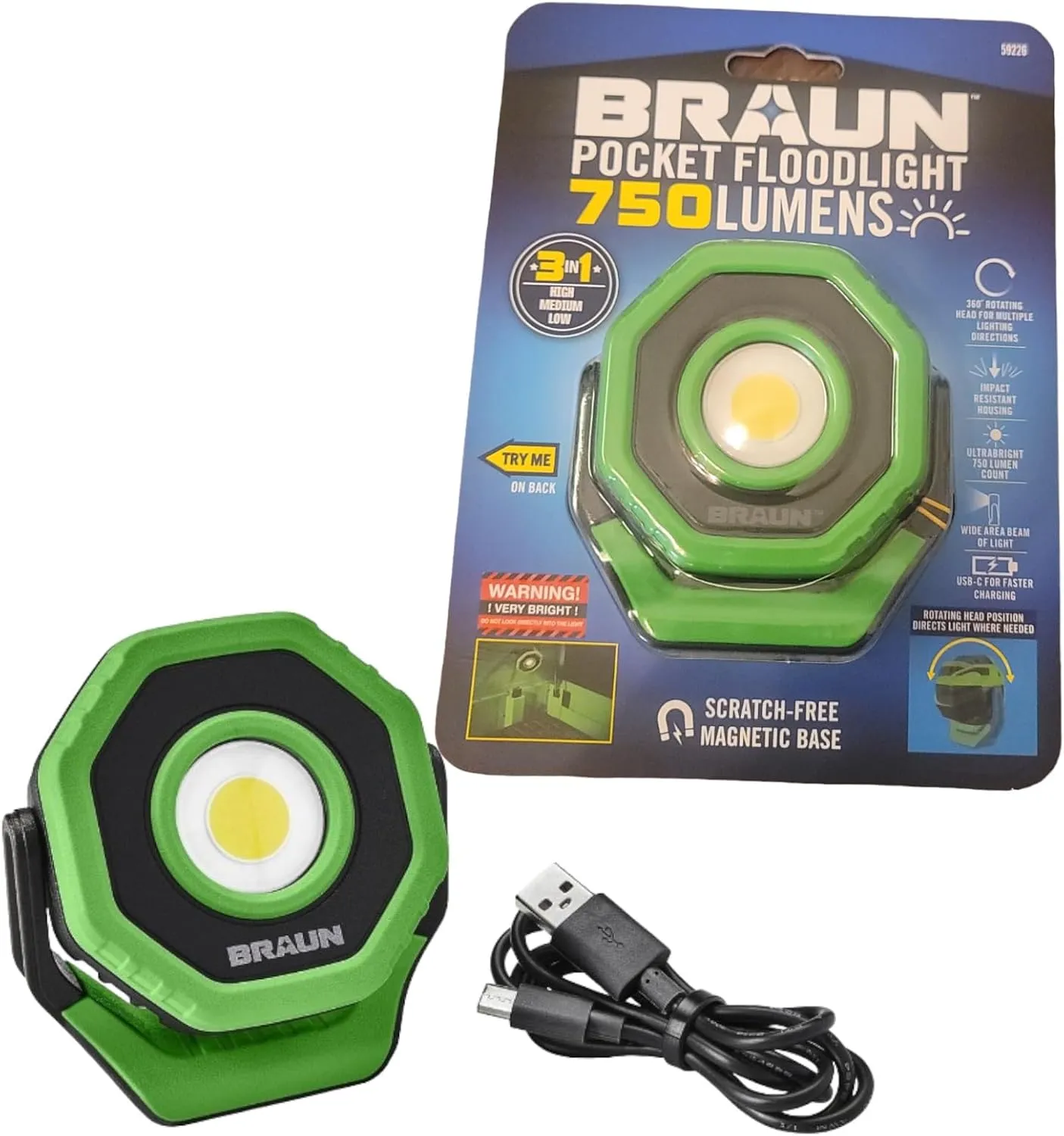 Braun 750 Lumen Rechargeable Ultra-Compact Magnetic LED Floodlight - Includes Battery & USB-C Charging Cord, 360° Rotating Head, Bright Wide Beam of Light, Durable Aluminum Housing - Green