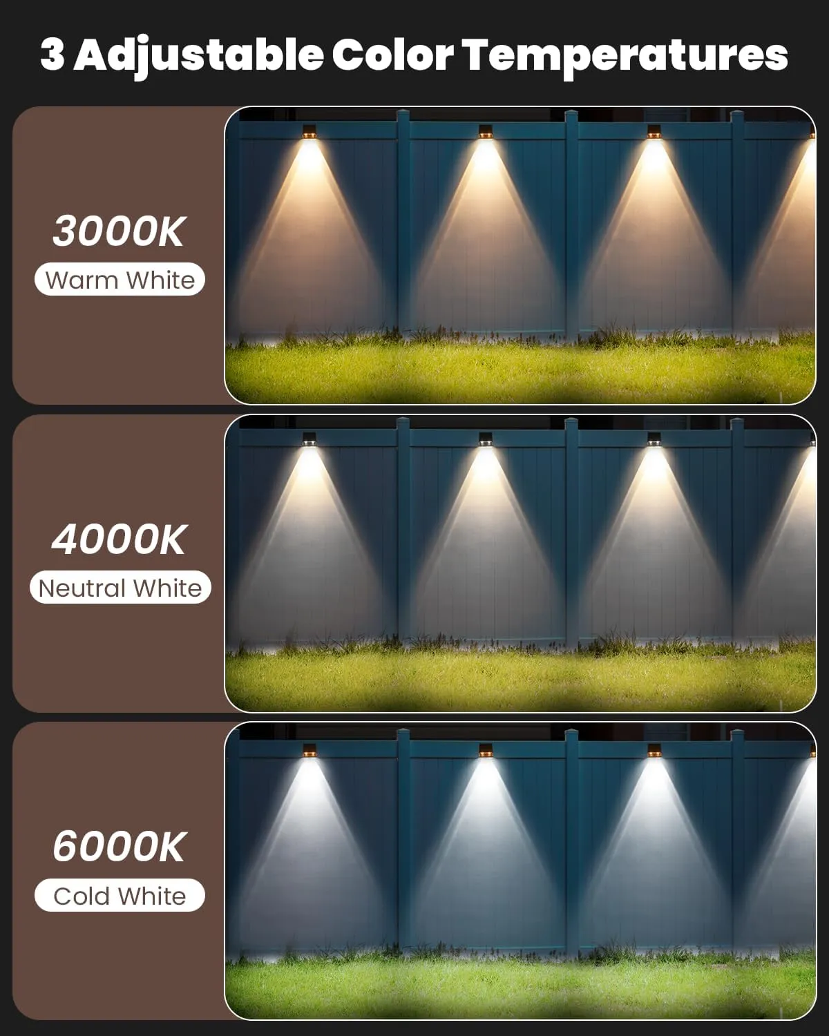 Brighter Solar Fence Lights-3000/4000/6000K 3 Mode,Solar Lights Outdoor Waterproof,Dusk to Dawn Deck Light, Outdoor Lighting for Backyard/Railing/Wall/Step/Patio(12 Pack)